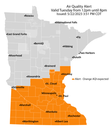 State of Minnesota showing counties under an air quality alert.