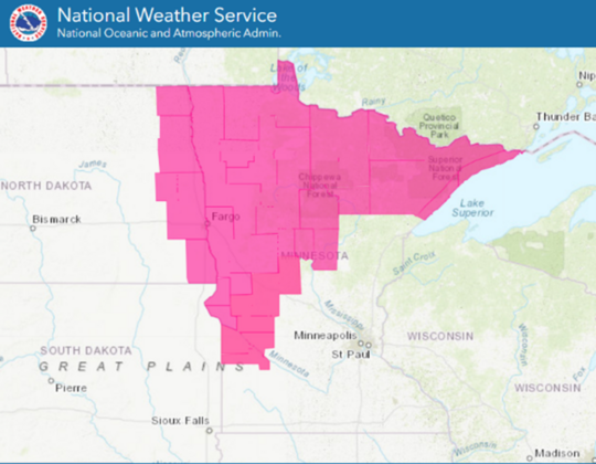 northern and west central Minnesota showing Red Flag Warning issued