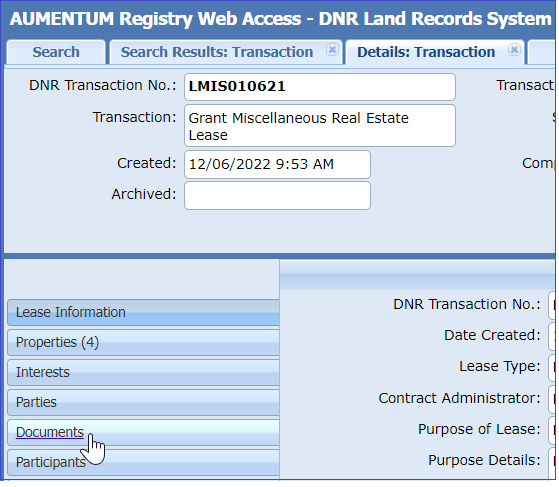 Screenshot of the Documents tab in LRS Web Access