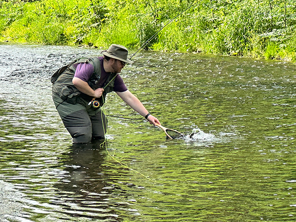 Angler landing a brown trout on the Middle Fork Whitewater River