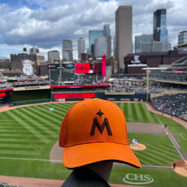 Twins hat held by hand with field and downtown Minneapolis in the background