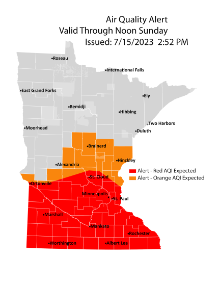 Map of the Air Quality orange and red in Southern half of Minnesota.