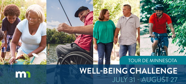 A banner with a collage of smiling people gardening, fishing, walking and biking that says "Tour De Minnesota: Well-Being Challenge July 31-Aug. 27"