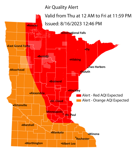 Air quality alert map in Minnesota showing red and orange AQI.