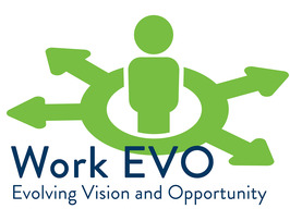 A graphic with a person icon surrounded by arrows outward that says "Work EVO, Evolving Vision and Opportunity"