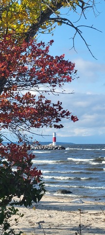 A lighthouse and a big lake with white caps with red fall leaves in the foreground.