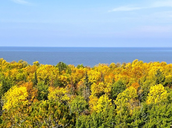 Orange and yellow and green foliage seen from above, with a big lake in the horizon.