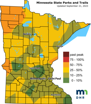Map of the state of Minnesota with sections in orange, yellow and shades of green denoting fall color change in different regions.