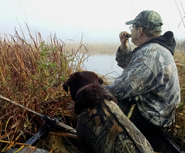 a duck hunter in the fog calling ducks with a dog next to the hunter