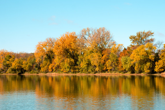 Orange and gold fall foliage reflecting on a quiet lake.