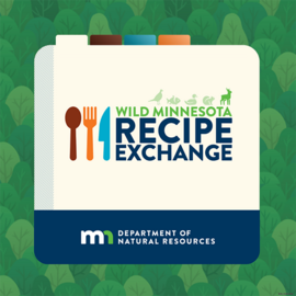 Graphic of Wild Minnesota Recipe Exchange, Minnesota DNR logo, deer image, fork spoon knife, on recipe card 