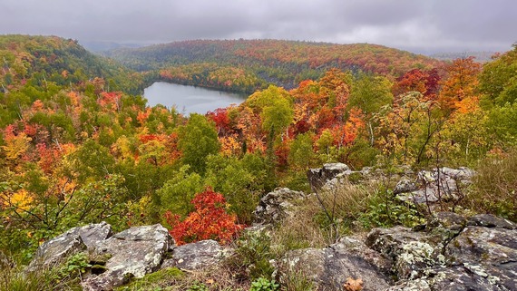 Sweeping vista from a high point, with a mix of bright fall colors.