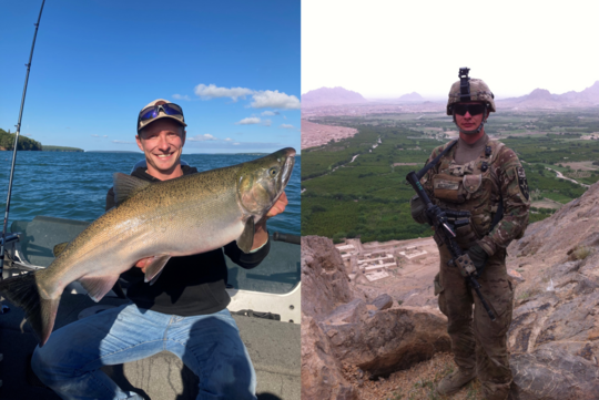 A man holding a fish and the same man in a military uniform