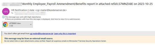 A screenshot of an email with the phishing warning banners