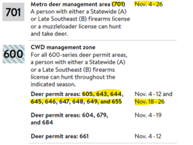 snippet from the hunting regulations book showing 700 and 600 DPA season dates with some highlighted to make the point in the text