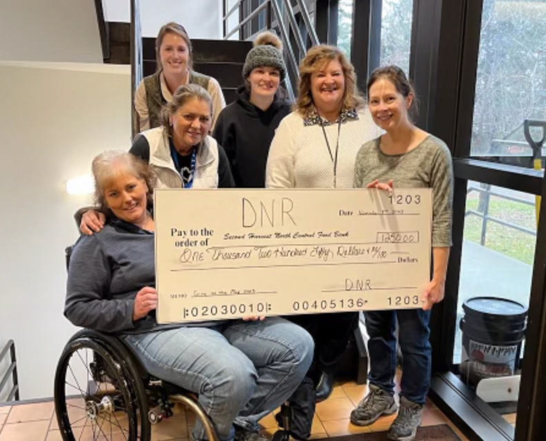 A group of people clustered around a giant check