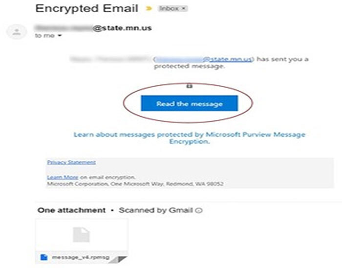 A screenshot of an encrypted message link in an email