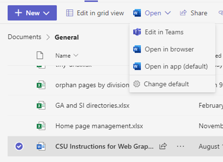 A screenshot of the Microsoft Teams menu