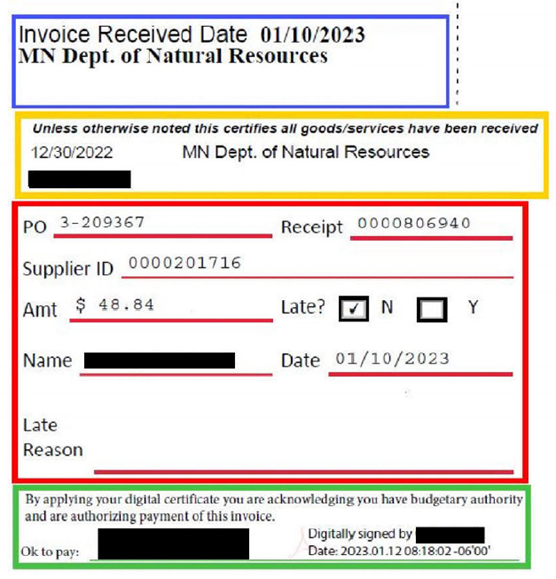 A screenshot of invoice processing stamps