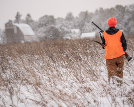 a pheasant hunter in a snowy field with a farm in the distance