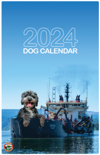 Cover of 2024 Dog calendar with photo of dog on USACOE equipment