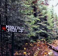 Conifers along the trail to Middle Falls at Grand Portage State Park. There's a wooden sign that reads "Middle Falls, .7 miles."