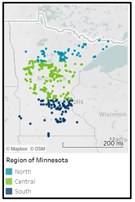 Minnesota map showing north, central and south lake regions 