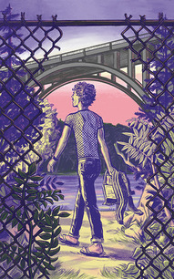 Illustration of a young person walking towards the river on the other side of a chain link fence.