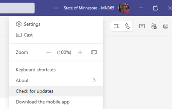 Screen shot of Teams main user page, highlighting the ellipsis to access the Check for Updates command. 