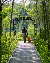 A person and their dog walk along a boardwalk into a lush green, forested area. 