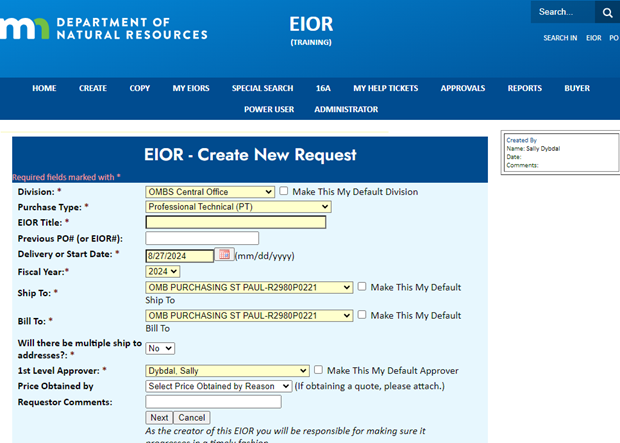 A screenshot of EIOR