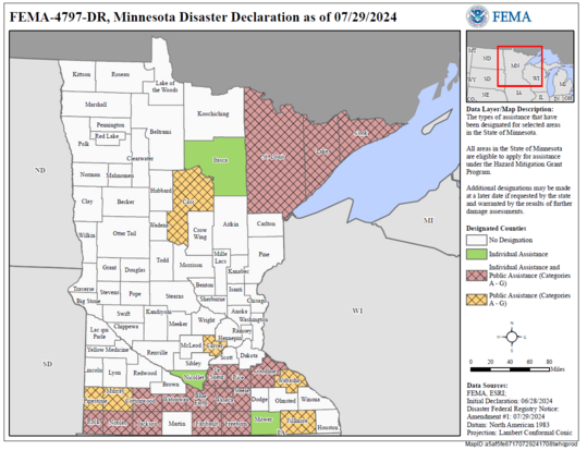 FEMA declaration map showing Public Assistance and Individual Assistance counties in MN