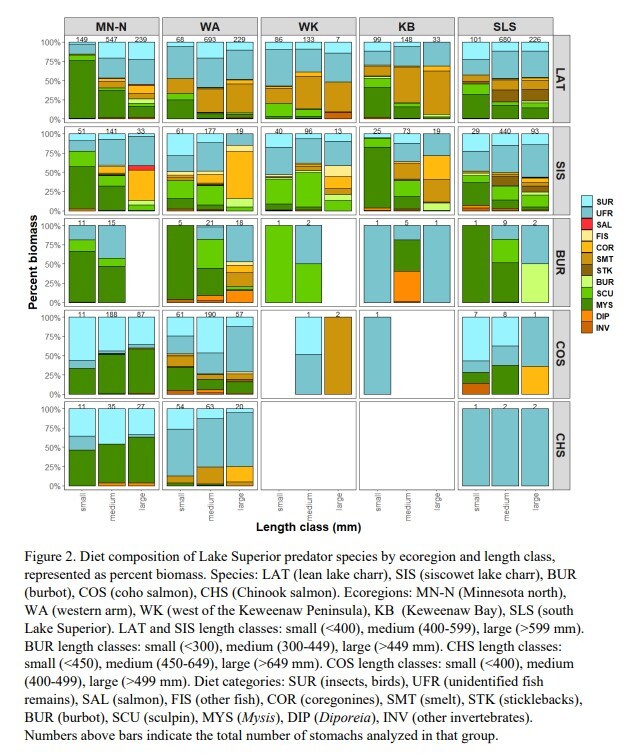 Graph showing diet composition of Lake Superior predator species by ecoregion and length class.