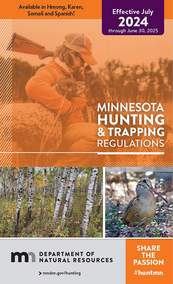 Hunting and trapping regulations book cover, featuring photos of woodcock, hunter and dog, Minnesota DNR logo, 2024