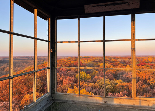 View from the top of a firetower in the fall at sunset. 