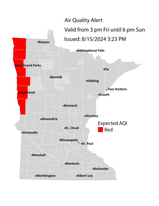 air quality alert map showing red in six counties in northwest Minnesota