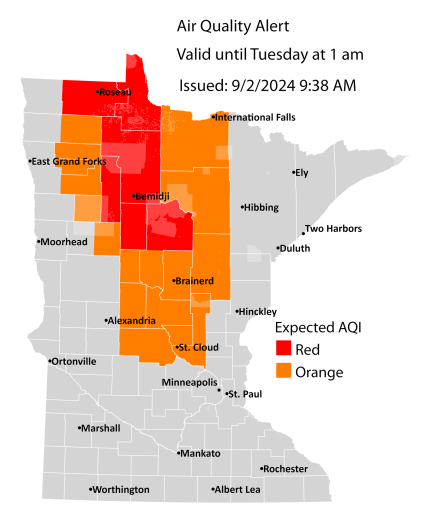 air quality alert map showing red and orange counties in northern and central Minnesota