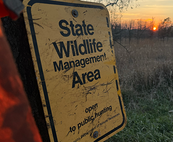 State Wildlife Management Area sign at sunset