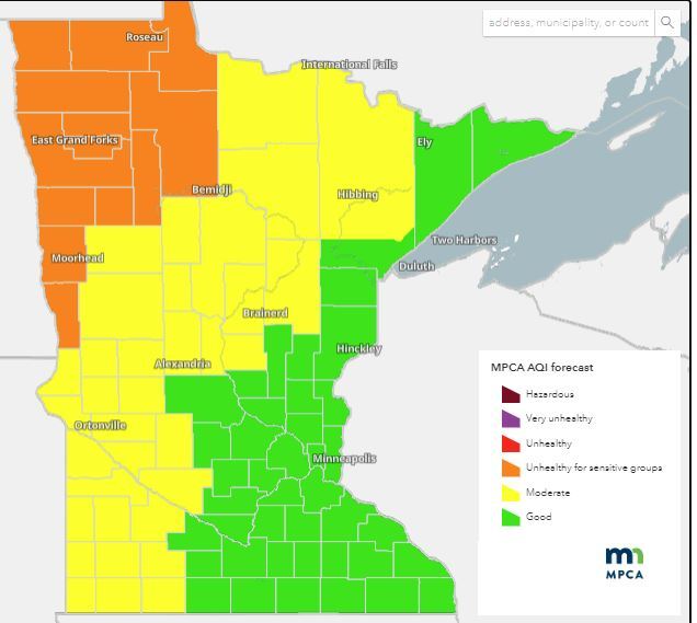 air quality alert map showing red in counties in northwest Minnesota