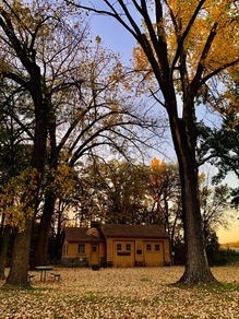 A rustic visitor center set back in a field of yellow leaves and tall oak trees.