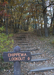 A sign reads Chippewa Outlook and points upward. Behind it are wooden stairs leading up into a forest.