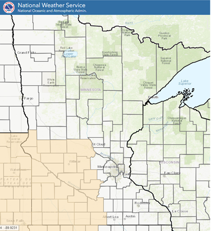 Map from NWS showing counties with a fire weather watch