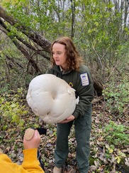 Kelsey Moe, park naturalist, holds a white mushroom larger than a basketball. 