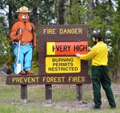 A forest ranger puts up a sign that says fire danger is very high. 