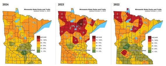 Three Fall Color Finder maps side by side from 2024, 2023, and 2022 on the same day. 