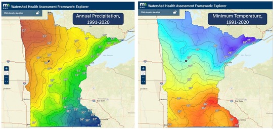 2 statewide maps of Minnesota average precipitation and minimum temperatures