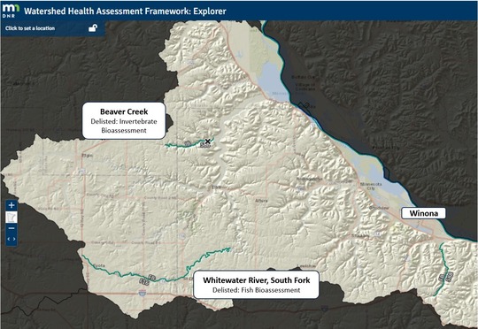 map of water quality delistings in Winona Watershed