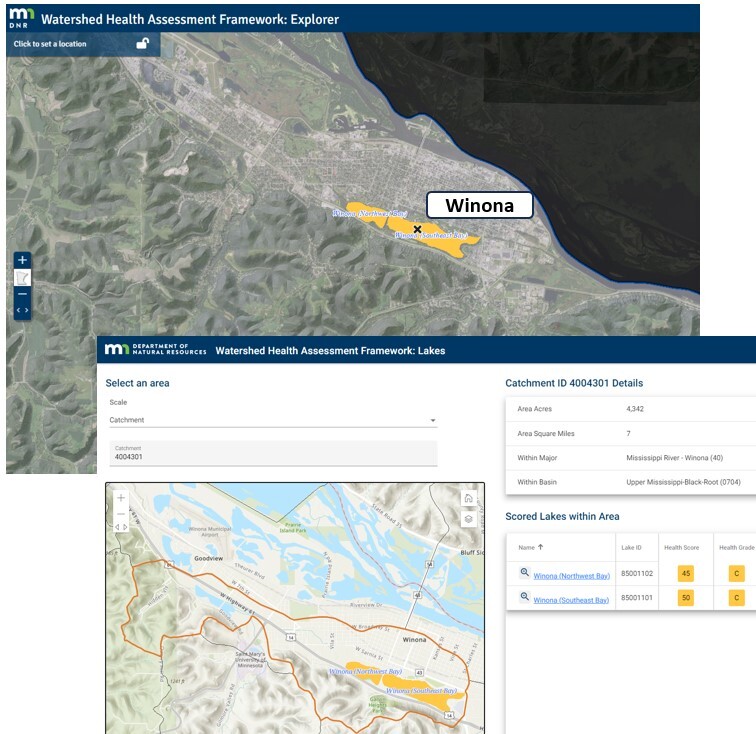 map of winona lakes with whaf for lakes app of health scores