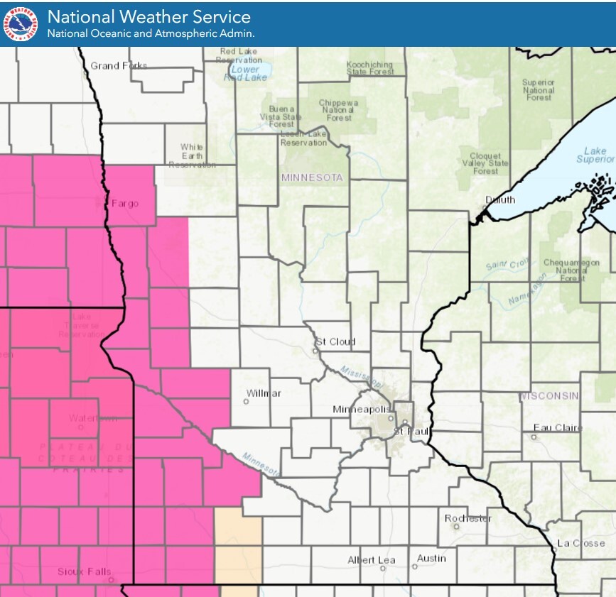 Map of Minnesota counties with shaded pink areas for Red Flag Warnings.