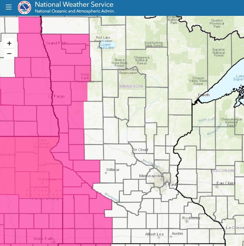 Map of Minnesota counties shows Red Flag Warnings shaded in pink.